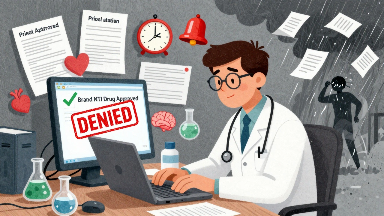 Doctor racing against time to approve NTI drug prescription amid swirling denial letters and a patient having a seizure.