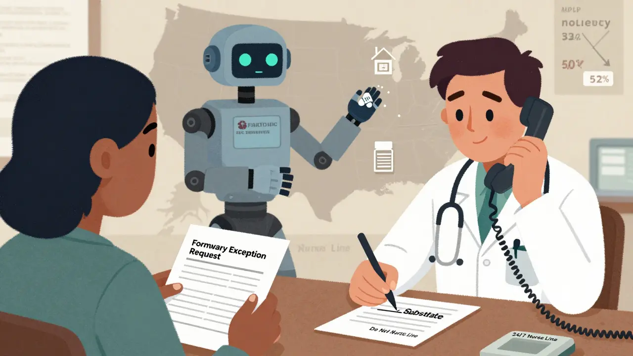 Doctor writes 'Do Not Substitute' as insurance robot swaps medication, patient holds exception letter and calls nurse line.