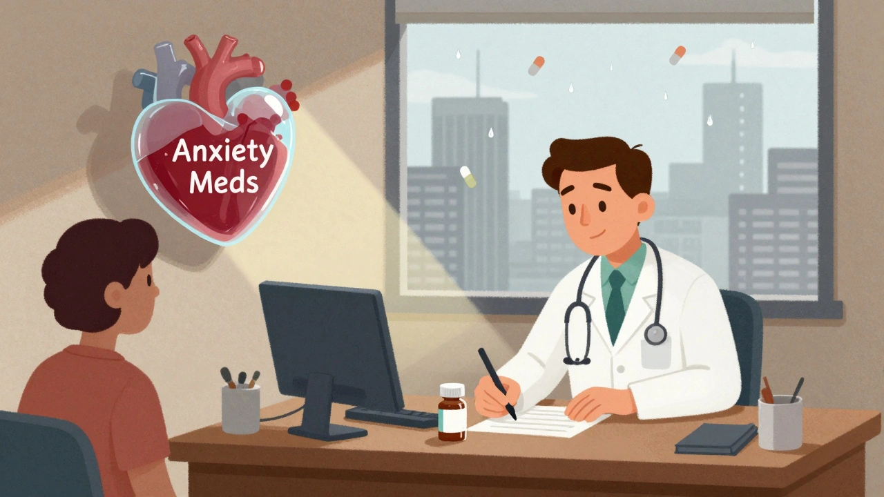 Doctor writing prescription as patient&#039;s shadow becomes a fragile heart, generic pills falling outside the window.