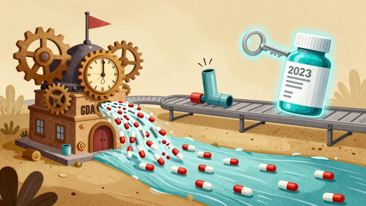 FDA building as a factory producing approved generic pills, with some delayed due to complexity.