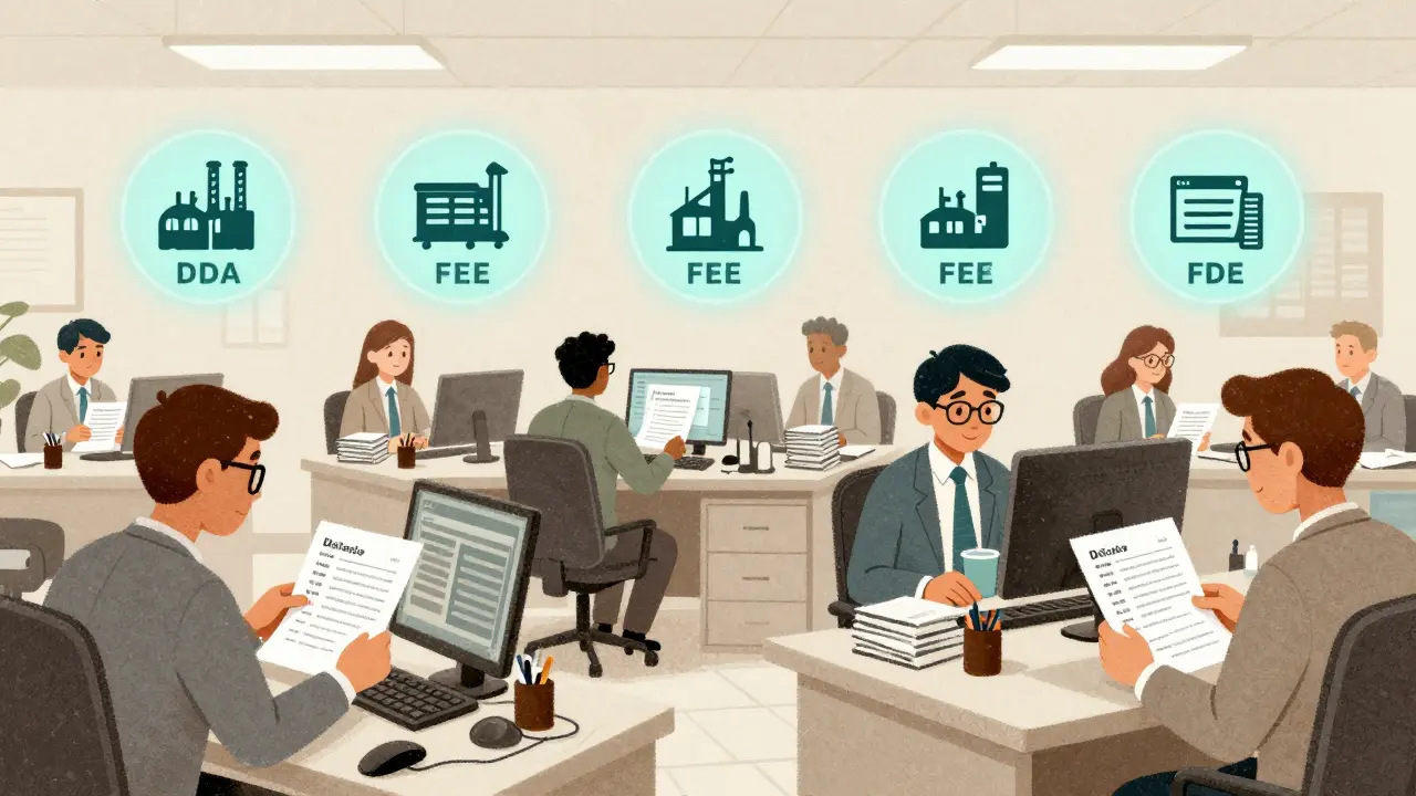 FDA reviewers processing generic drug applications in a busy office, with icons of factories and fees.