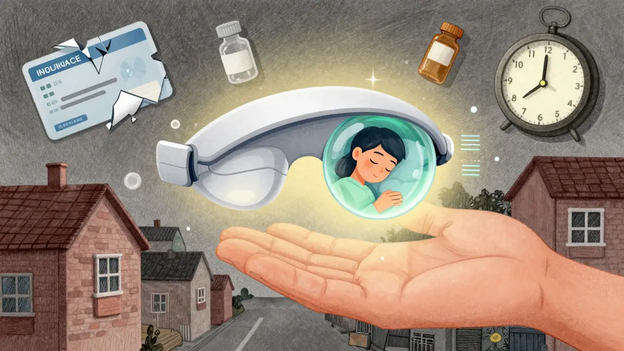 Futuristic glucose-sensing contact lens over a scene of cost and access barriers