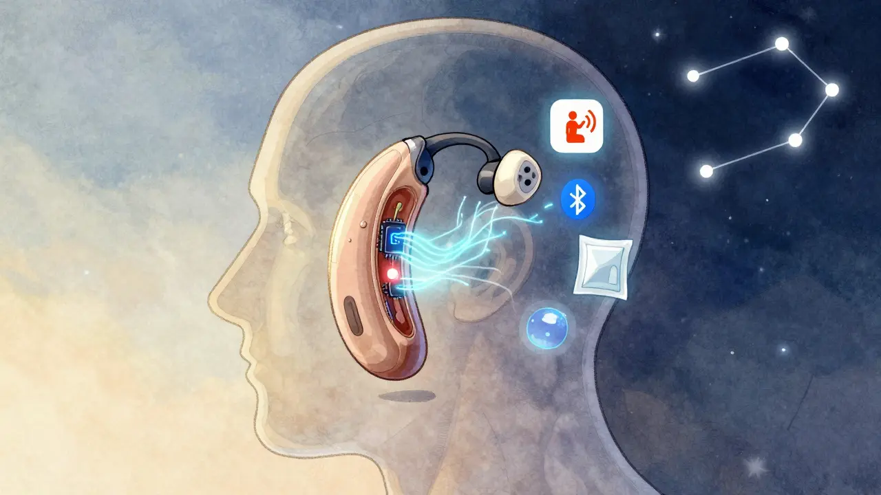 Futuristic hearing aid showing internal AI tech and health monitoring features.