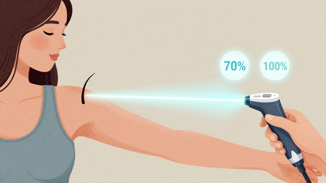 Laser beam targeting hair follicles next to an electrolysis probe, icons showing hair reduction, soft glowing effect.