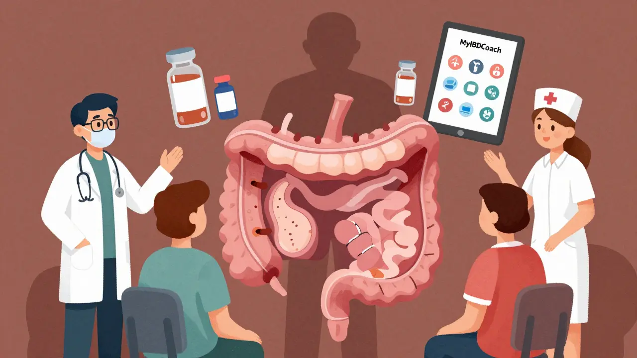 Medical team reviewing a glowing gut map with biosimilars and a symptom-tracking app, as cost anxiety fades in the background.