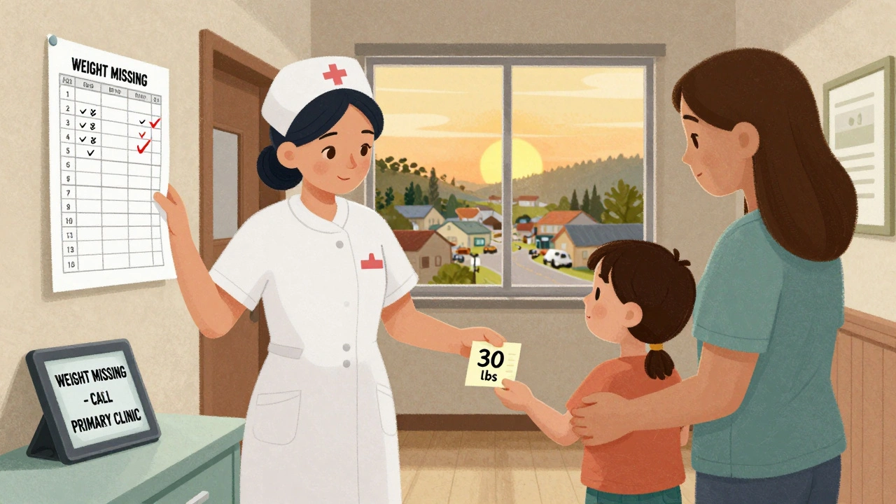 Nurse in rural clinic uses printed dosing chart as mother provides handwritten weight note, tablet shows alert.