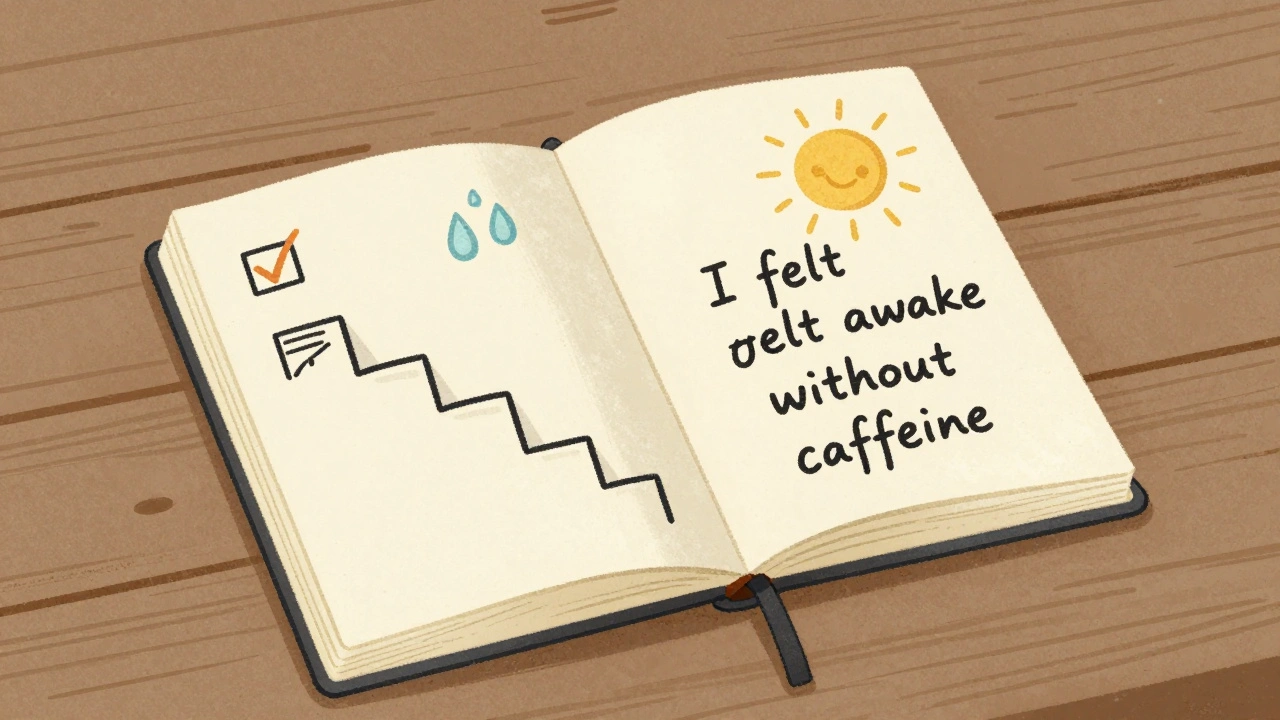 Open journal with hand-drawn trackers for water, stairs, and energy, under soft warm light.