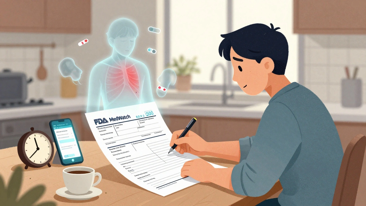 Patient filling out a MedWatch form at home with floating symptoms and the website visible on a phone.