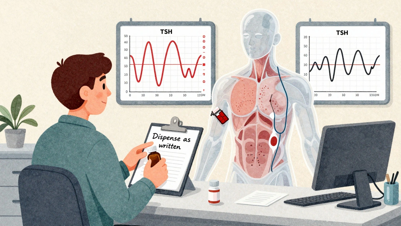 Patient in doctor’s office pointing to a prescription note while a transparent body shows fluctuating hormone levels.