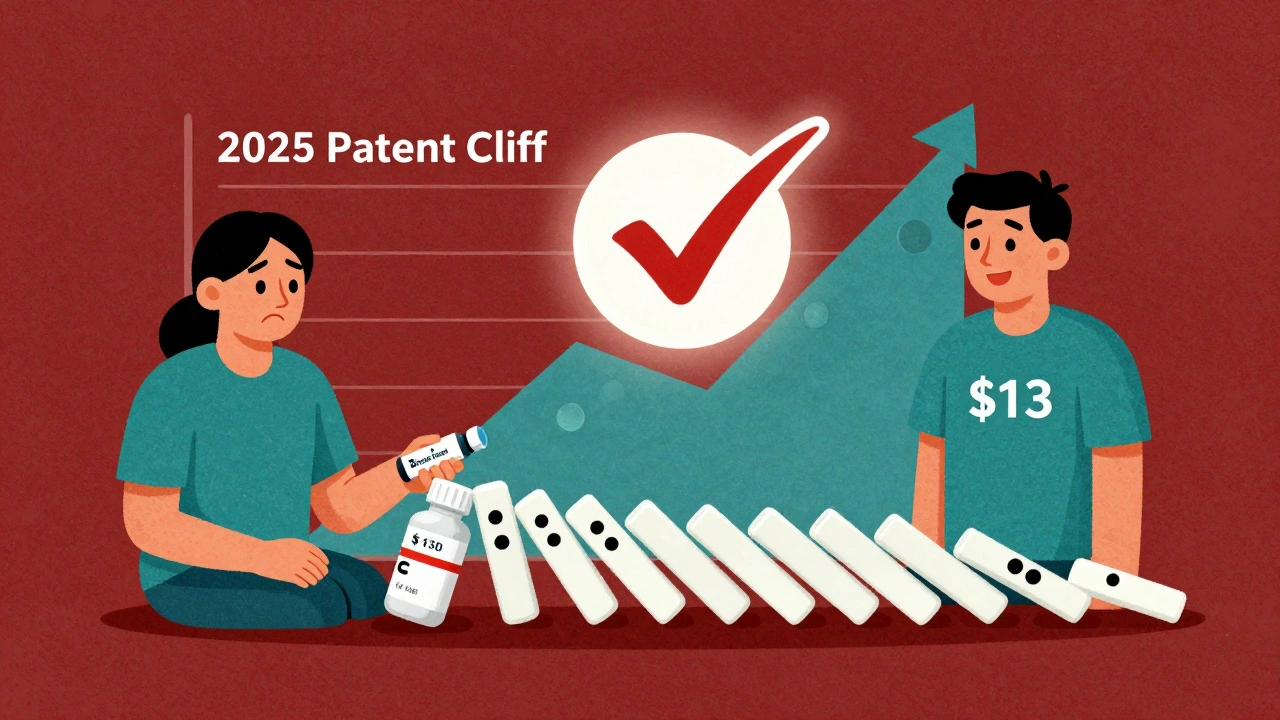 Patient paying 0 for brand drug vs  for biosimilar, with nine generic bottles falling like dominoes.