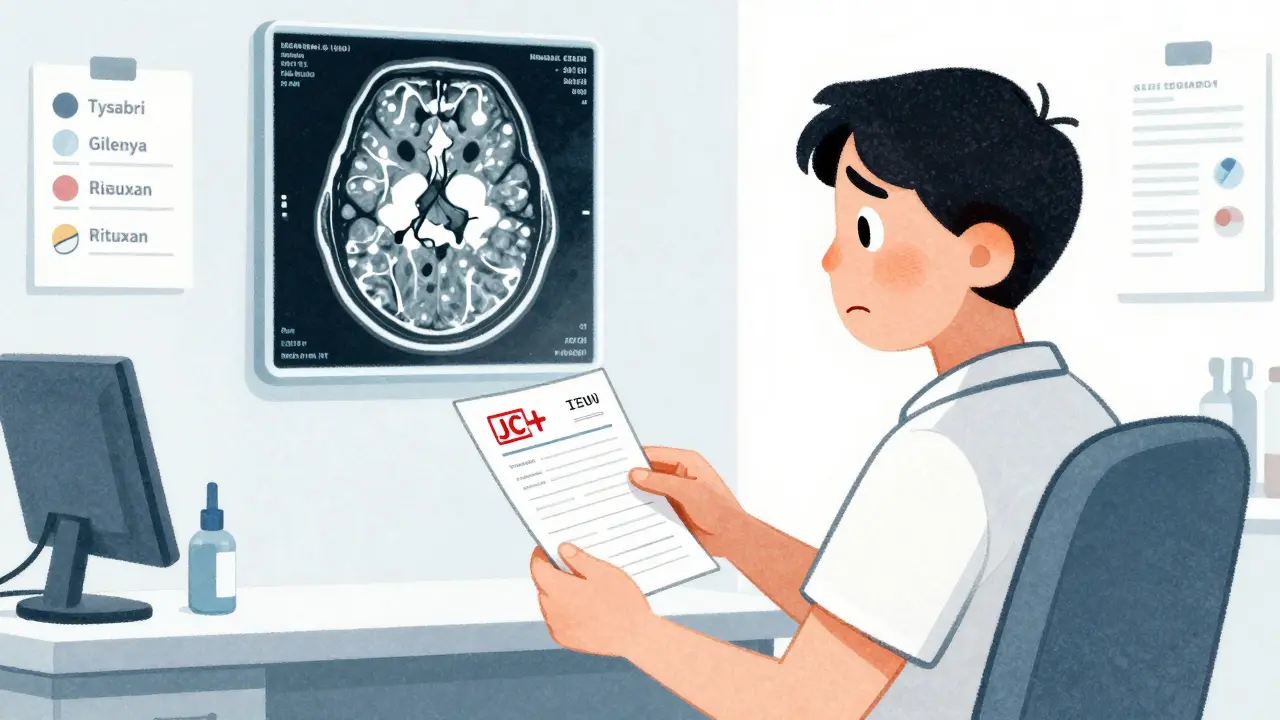 Patient receiving JC virus test results with MRI lesions floating above in a doctor's office.