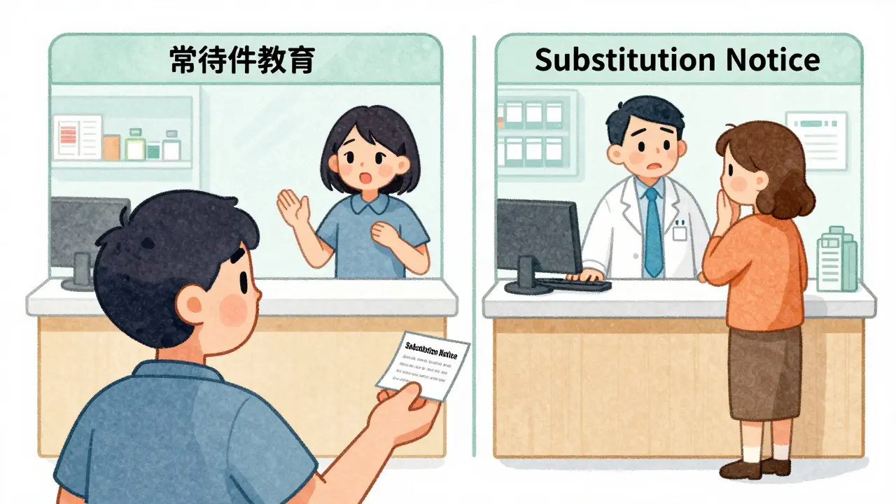 Patient receiving substitution notice slip, with split scene showing mandatory vs. permissive pharmacy practices.