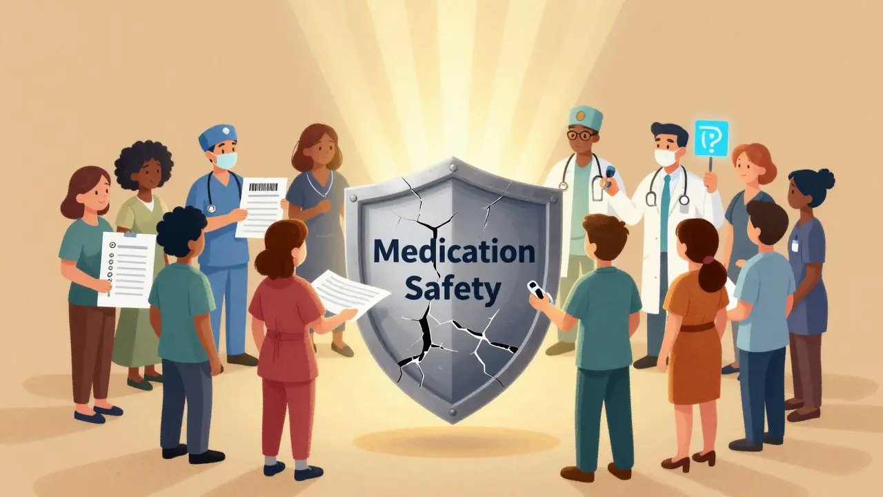 Patients and staff forming a human chain holding safety tools to repair a cracked medication safety shield.