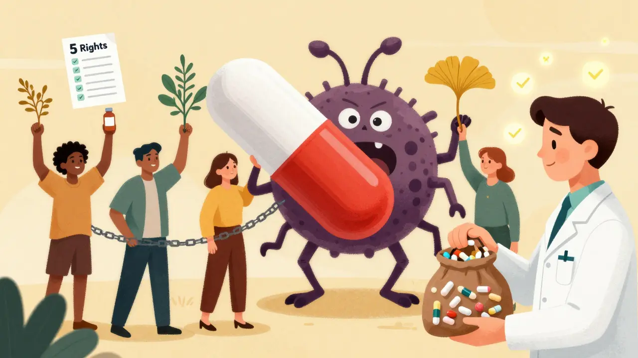 People holding herbal supplements connected to a mutating superbug, with a pharmacist holding a brown bag of meds.