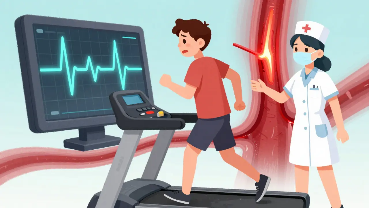 Person exercising on a treadmill while an ECG monitor shows heart stress signals.
