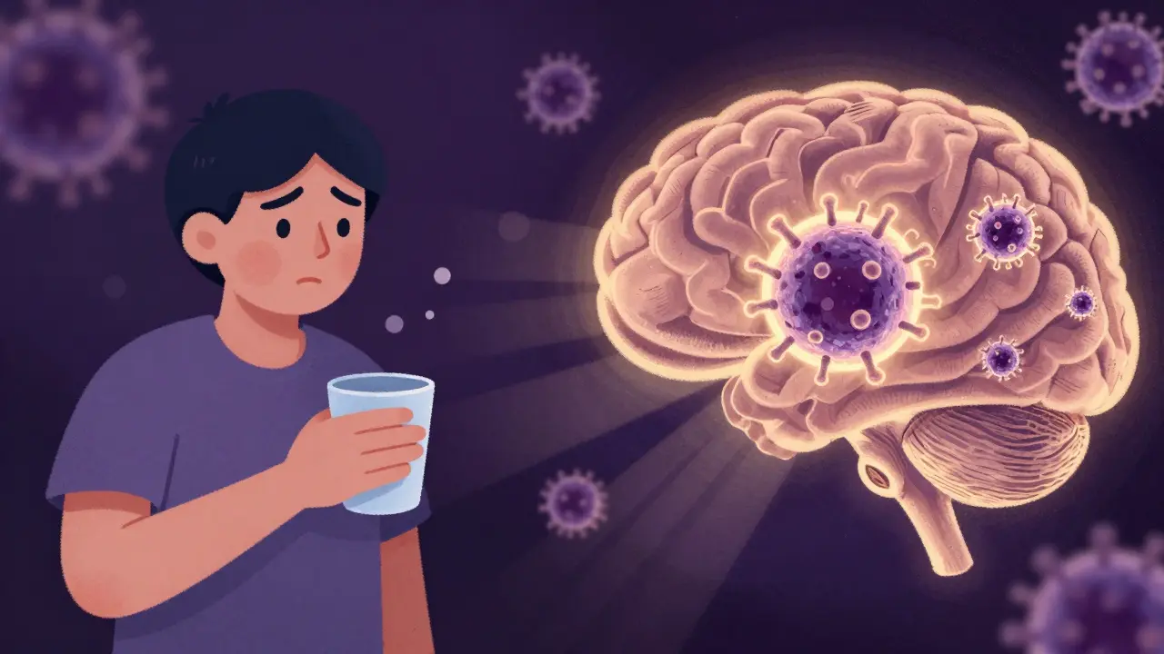 Person experiencing PML symptoms on one side, T-cell therapy fighting virus on the other.