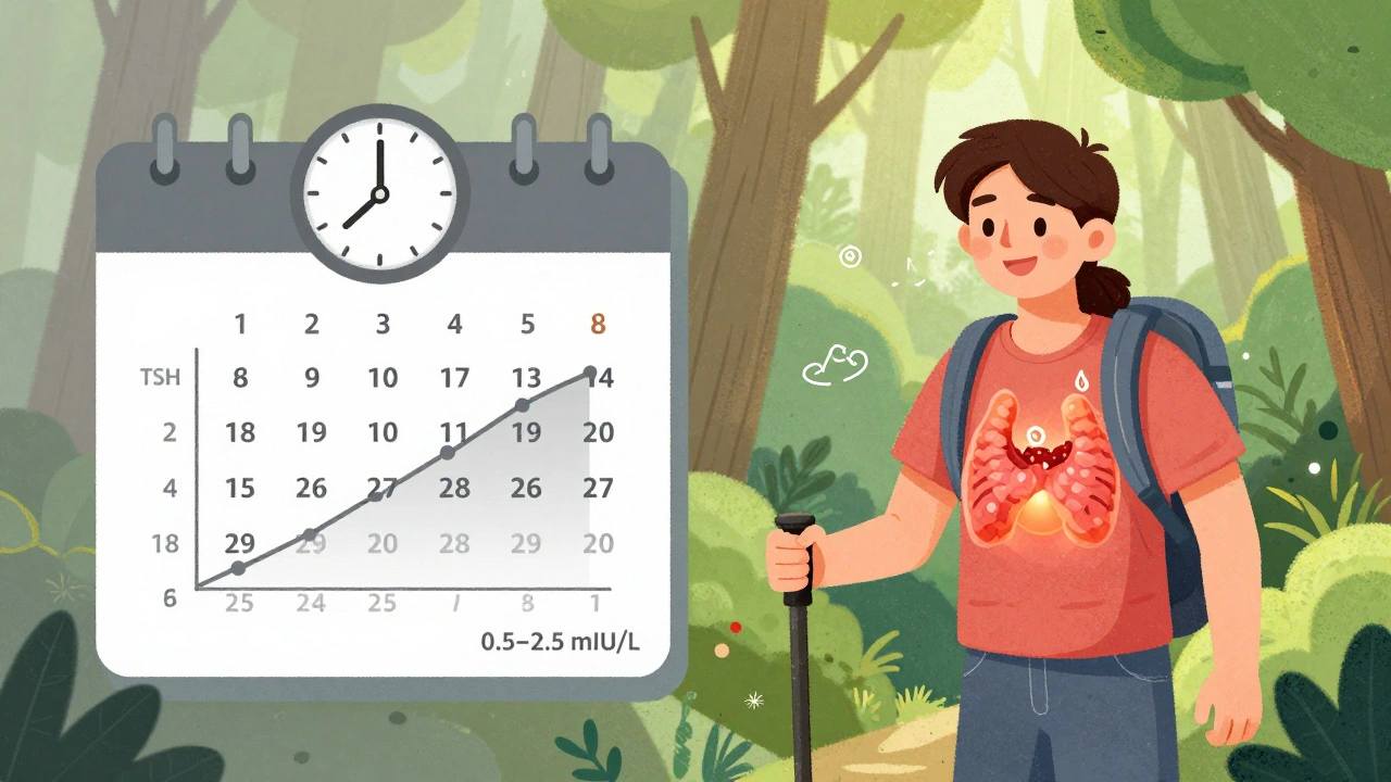 Person hiking with TSH graph improving, healthy thyroid glowing, background shifting from gray to green