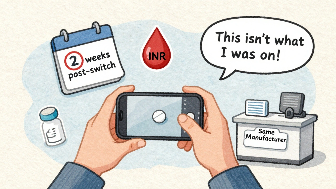 Person photographing their pill with smartphone, surrounded by health monitoring icons and a pharmacy counter.