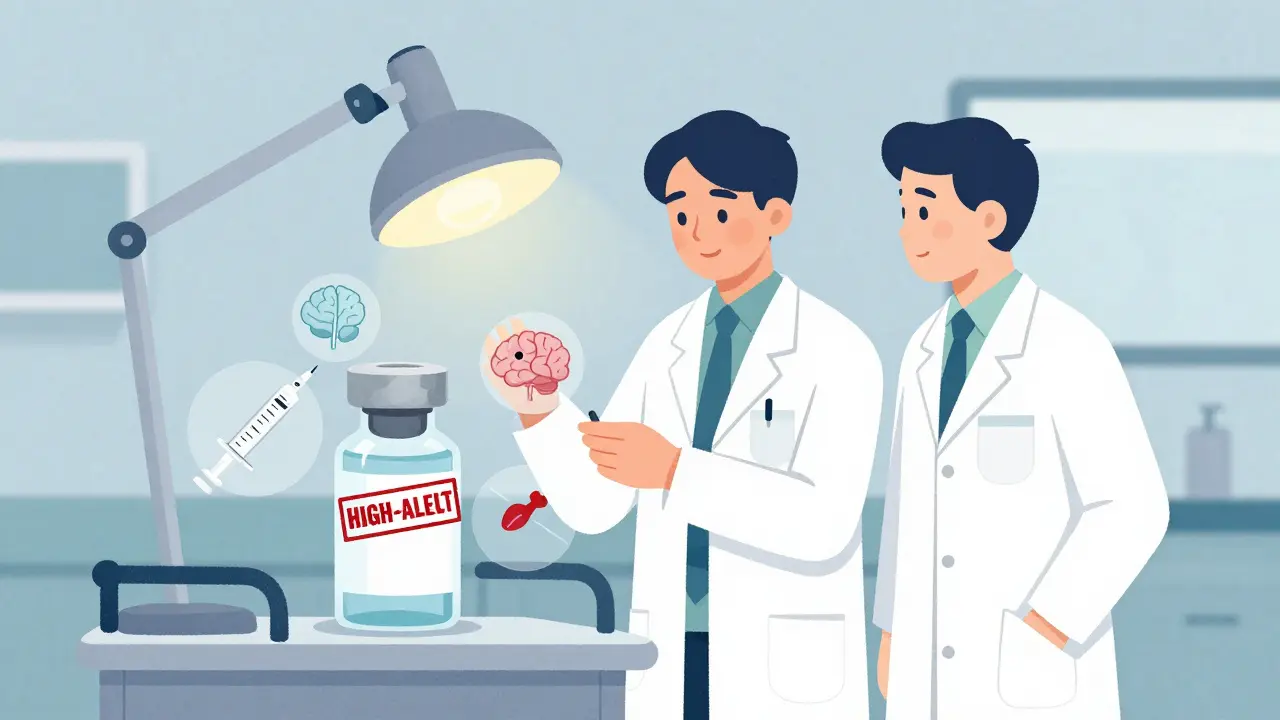 Pharmacist and doctor double-checking insulin vials with high-alert stamp and risk icons floating nearby.