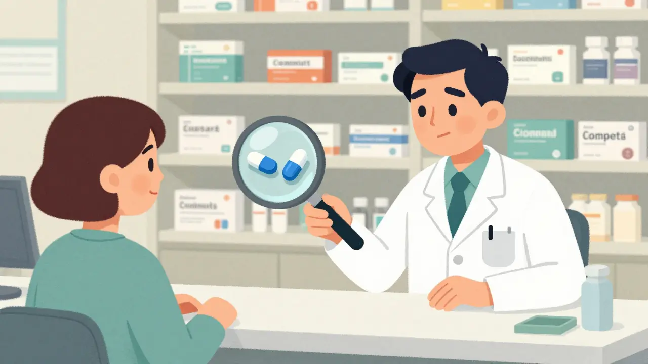 Pharmacist showing identical pills under magnifying glass to skeptical patient at pharmacy counter.