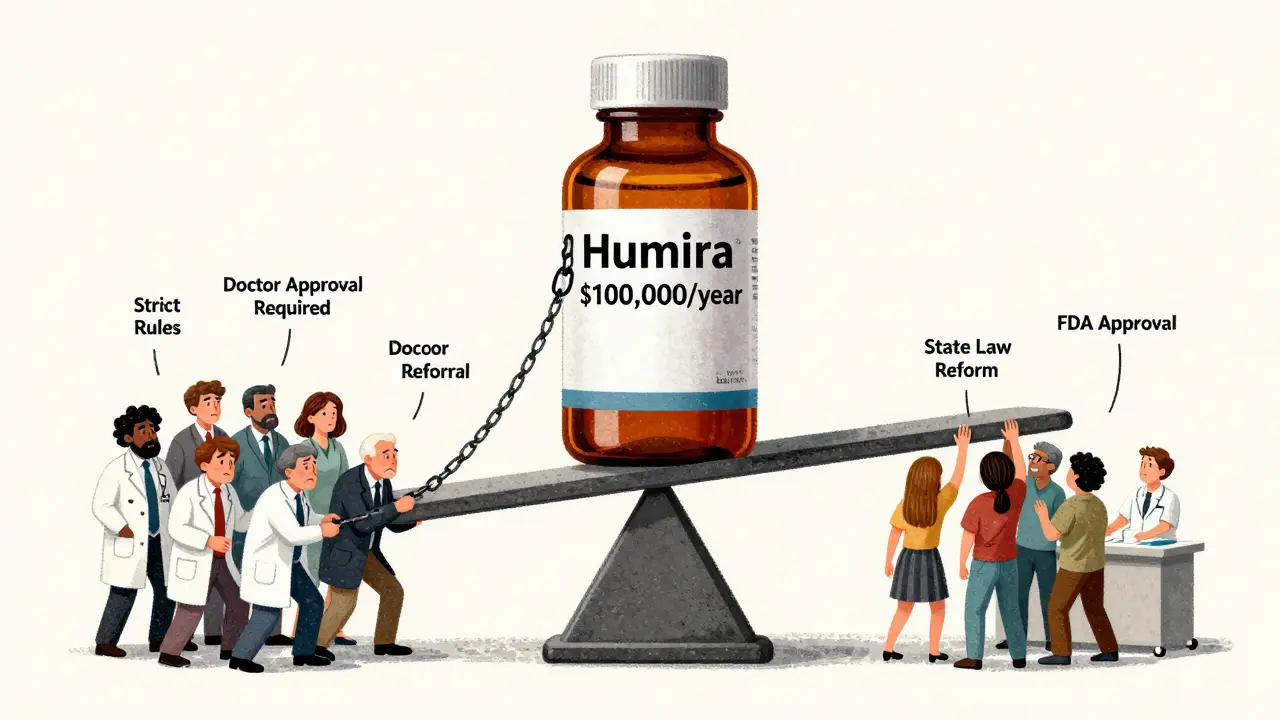 Scale balancing expensive brand biologic against cheaper biosimilar, with lobbyists and patients pulling opposite sides.