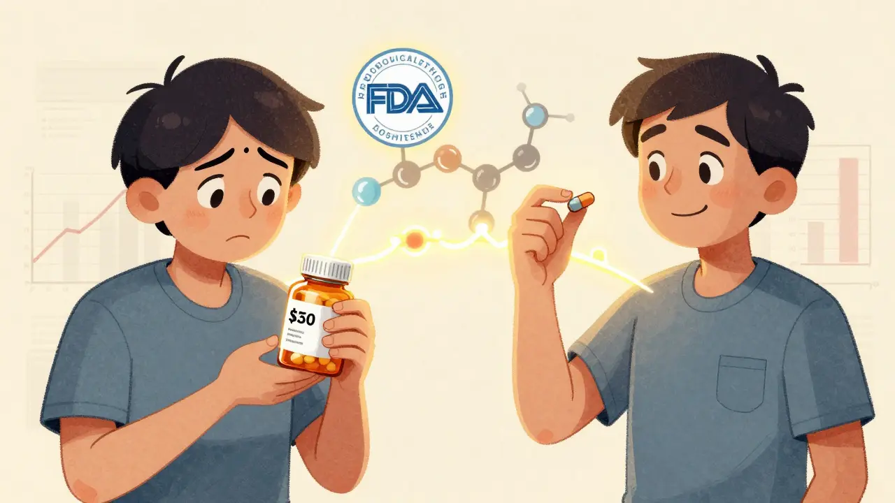 Split image of patient worried about expensive brand pill versus calm version taking cheap generic.