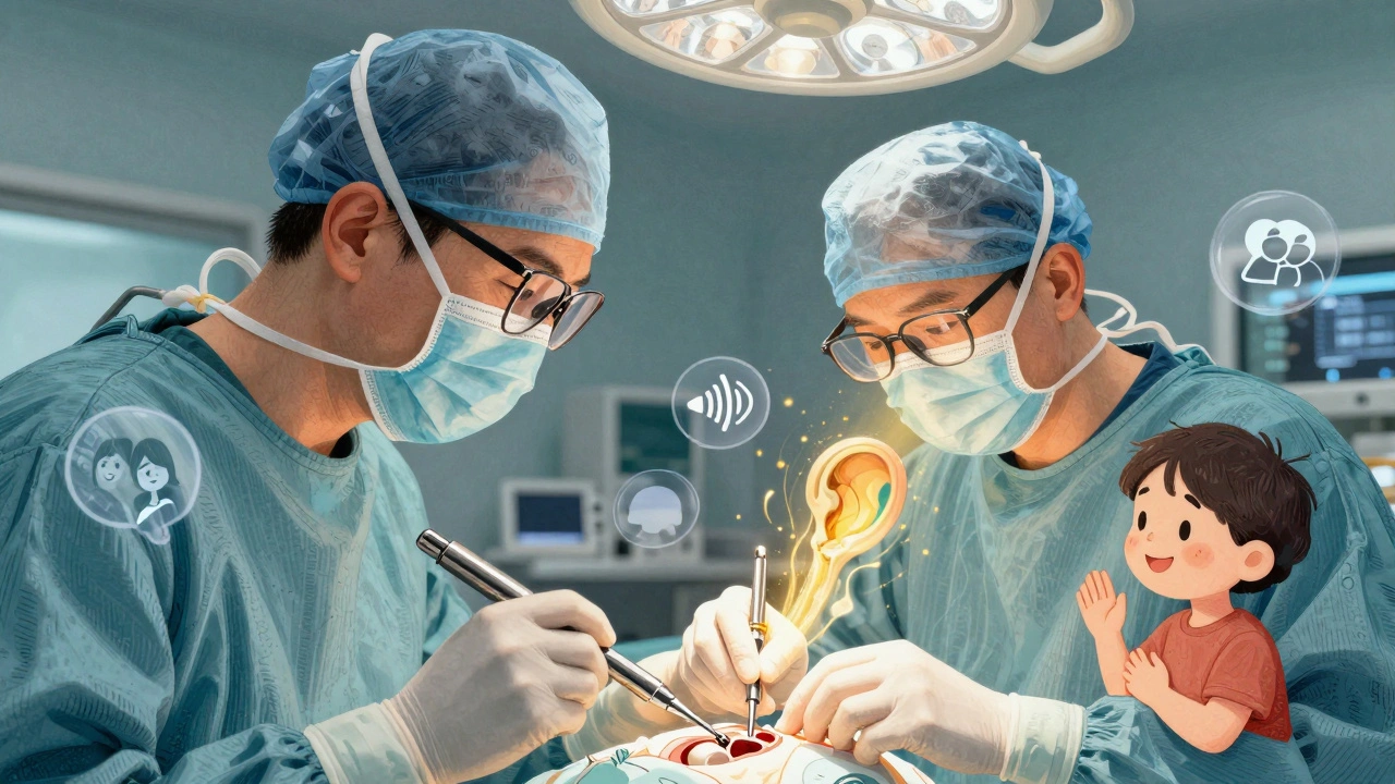 Surgeon inserting a tiny piston to restore hearing by bypassing a fused ear bone.