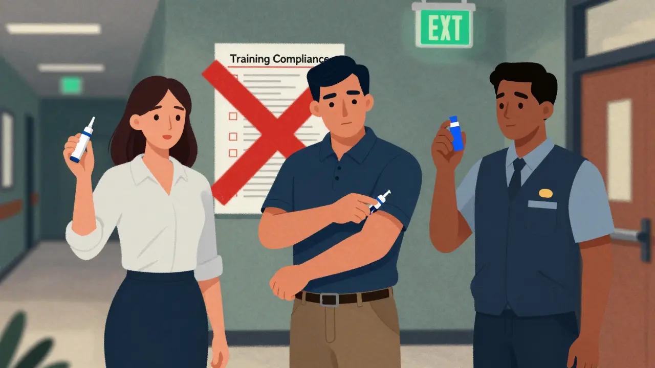 Three adults holding epinephrine injectors incorrectly — upside down, on the arm, and with safety cap still on — in a school hallway.