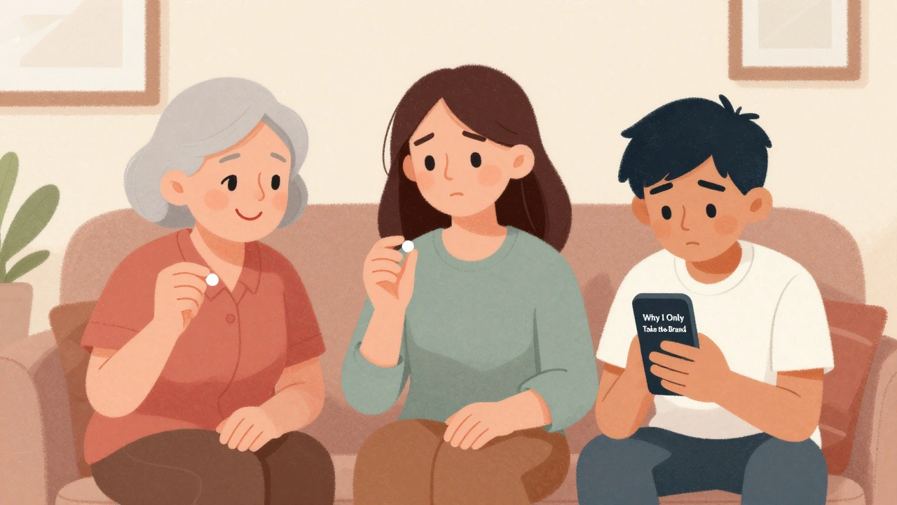 Three generations reacting differently to brand and generic pills in a living room, with a phone showing social media health content.