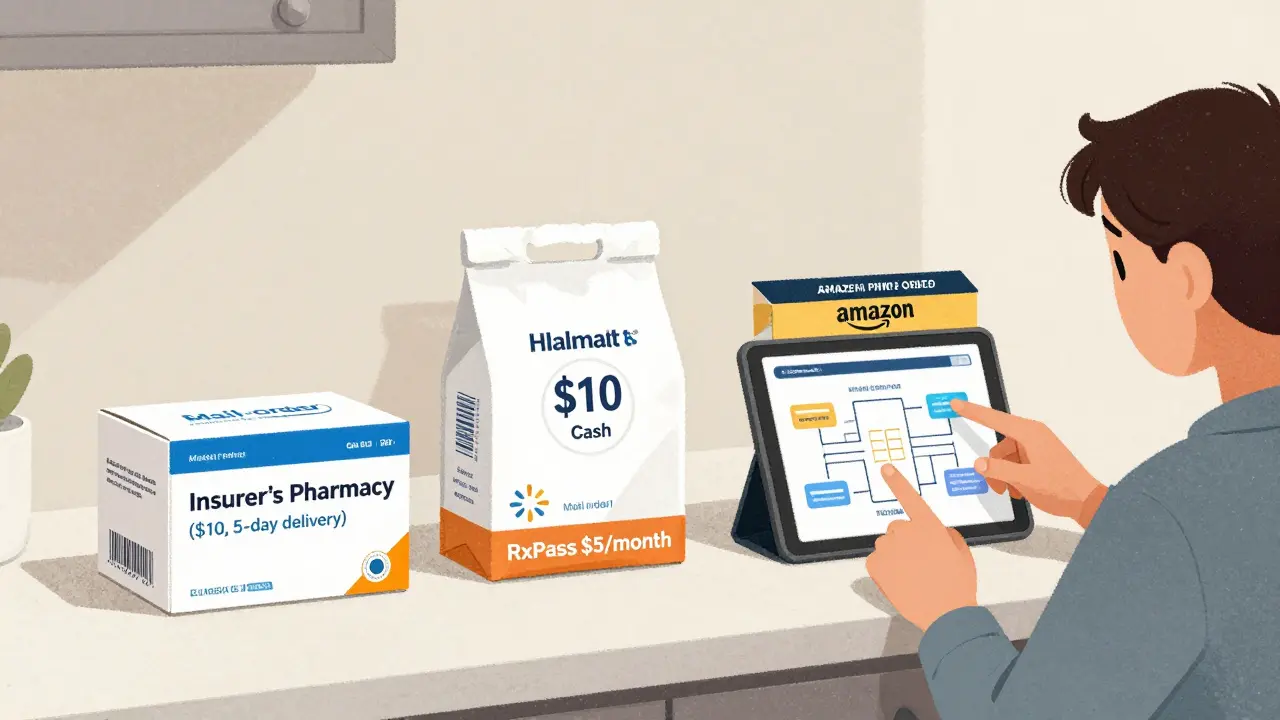 Three medication options on a counter: mail-order, Walmart cash, and Amazon RxPass with insurance chart on tablet.