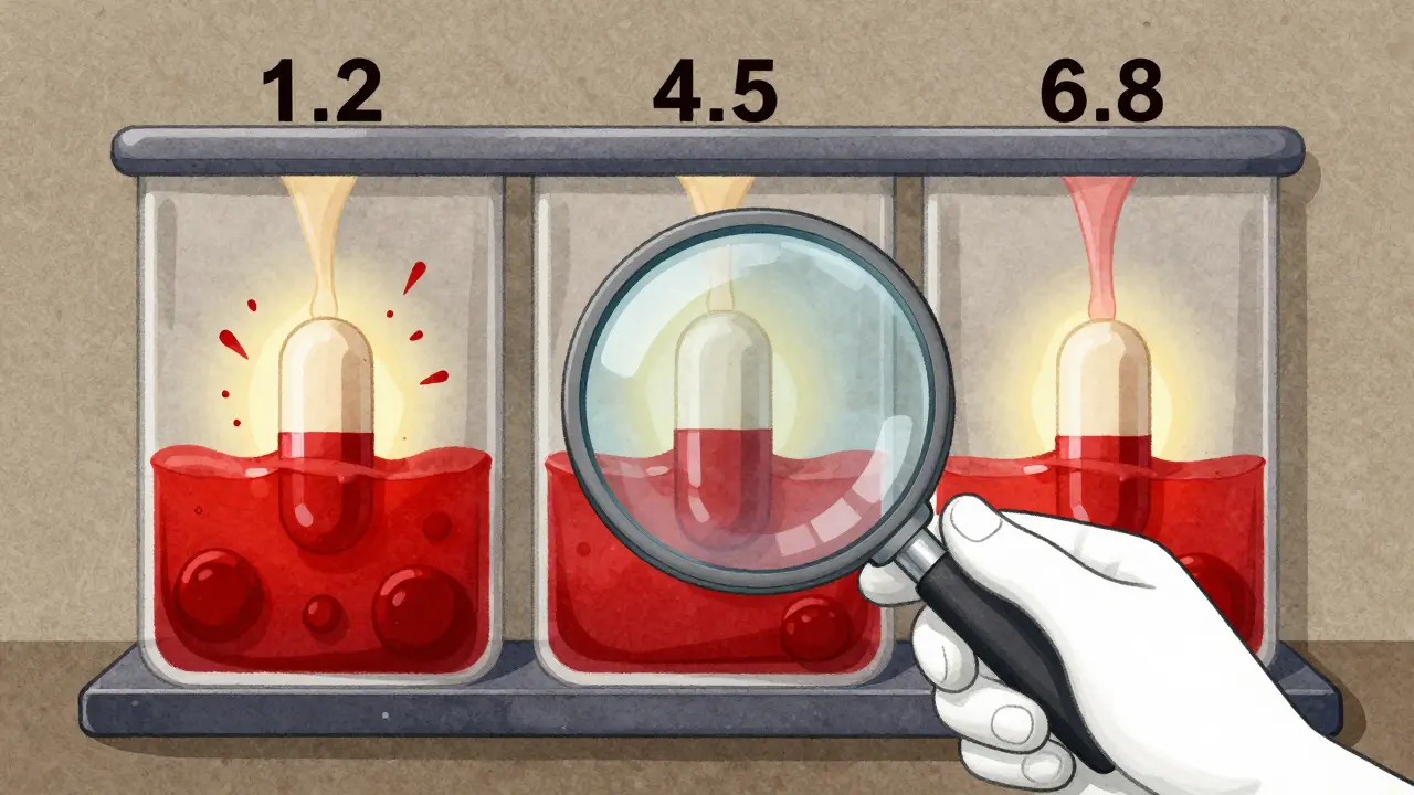 Two identical tablets dissolving differently in pH chambers, one causing explosive release, the other controlled.