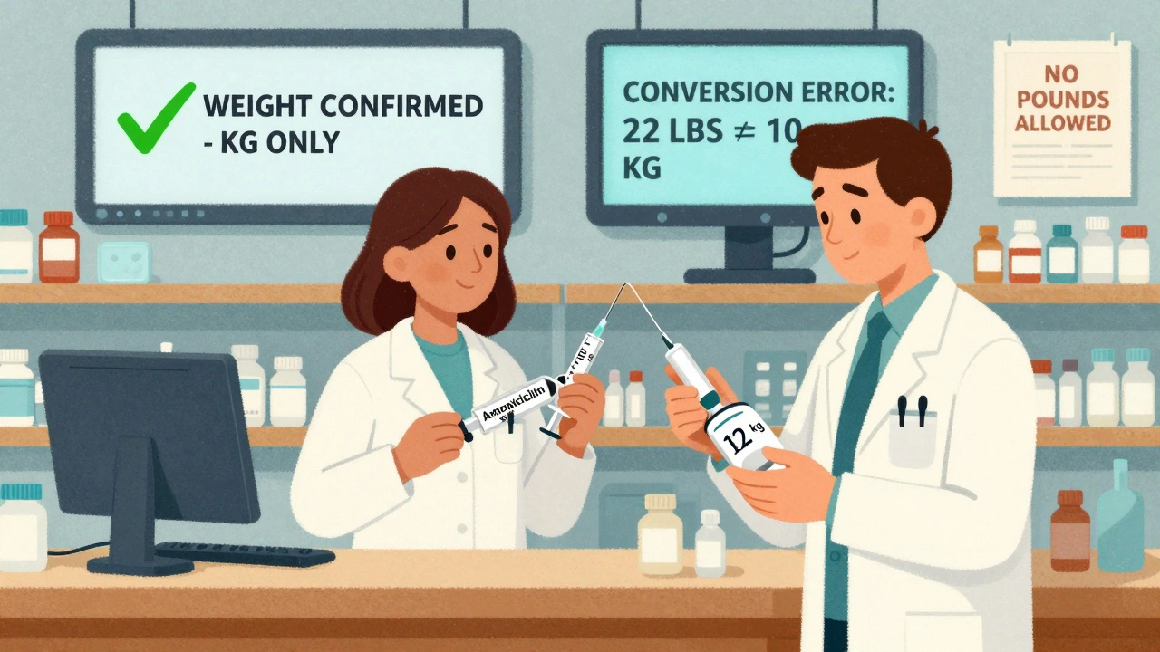 Two pharmacists verifying pediatric dose with weight tag and conversion error warning on screen.