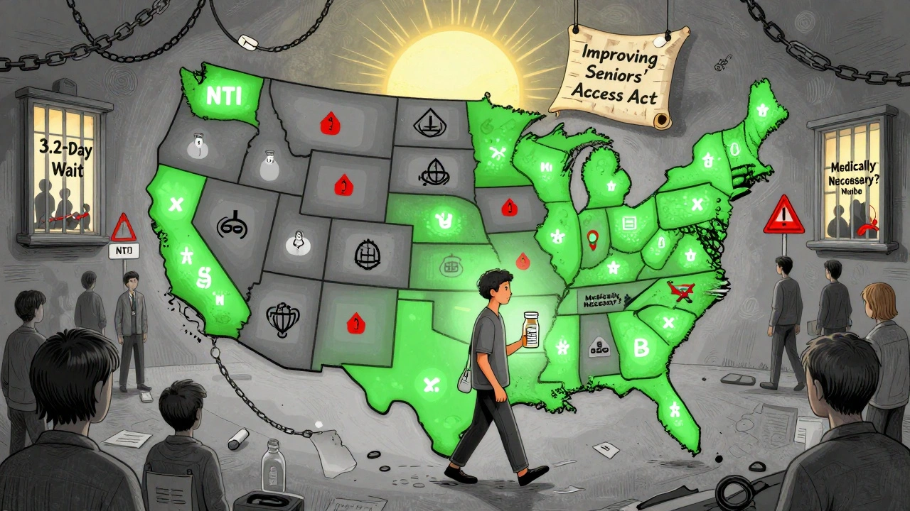 U.S. map showing states with protected NTI drug access glowing green, others blocked by insurance barriers.