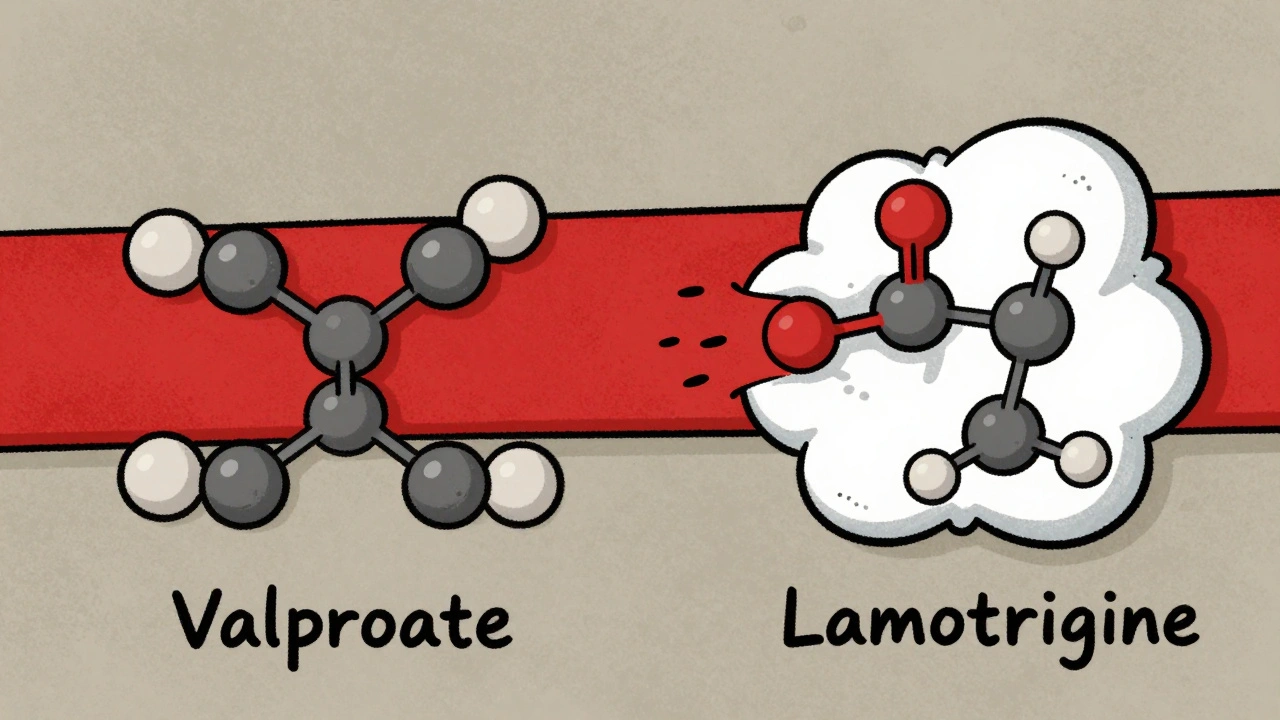 Valproate and lamotrigine molecules with a red barrier, showing dangerous drug interaction.