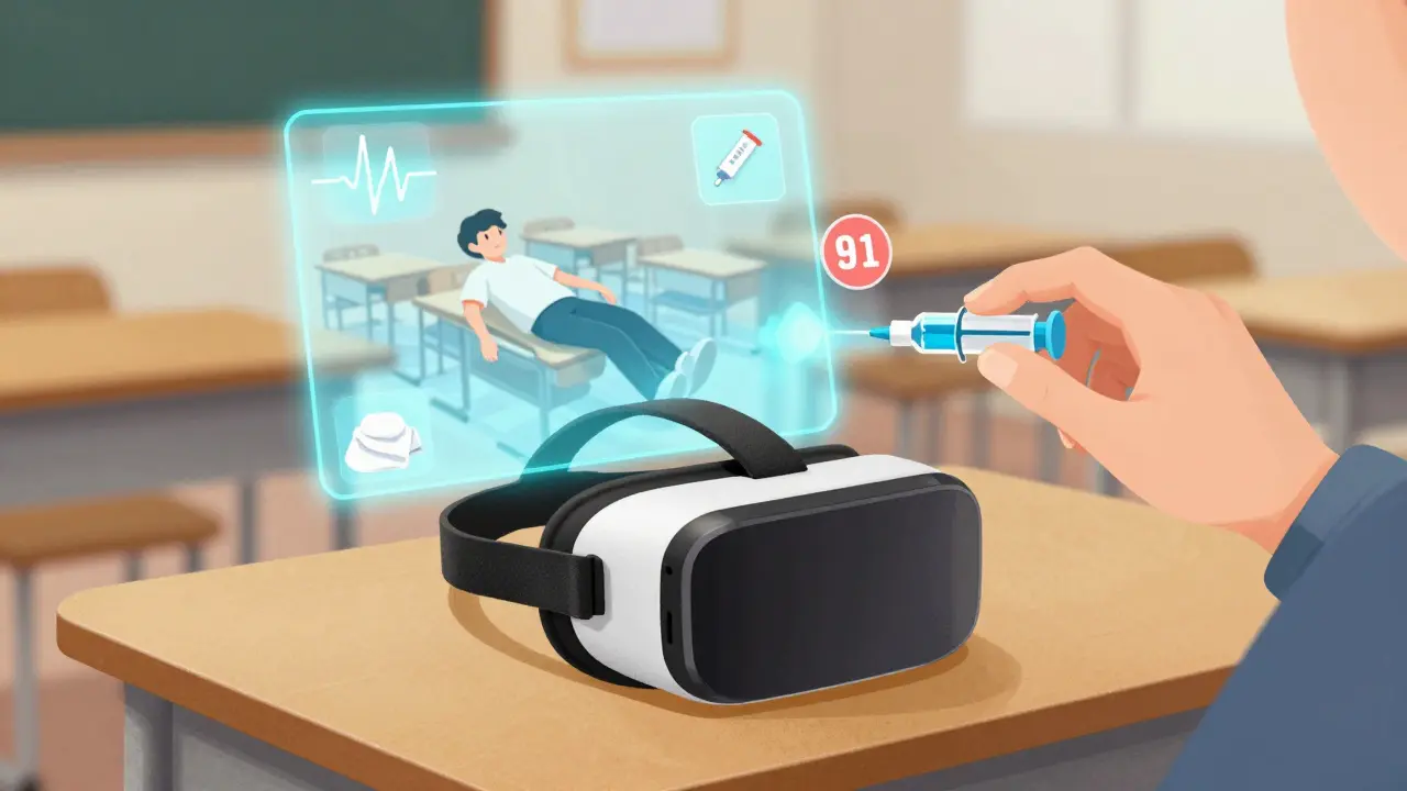 Virtual reality simulation of a collapsing student in a cafeteria, with floating emergency icons and a hand preparing to use an injector.