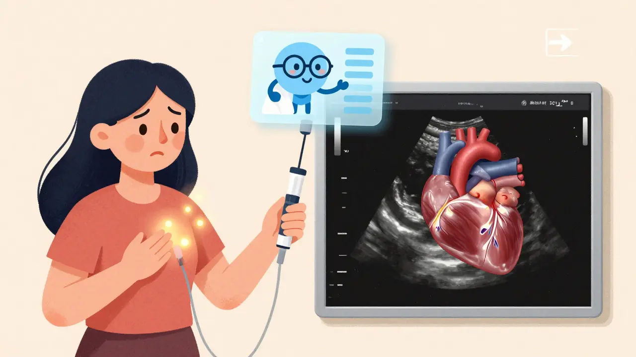 Woman receiving chemical stress test with ultrasound heart image and AI data screen beside her.