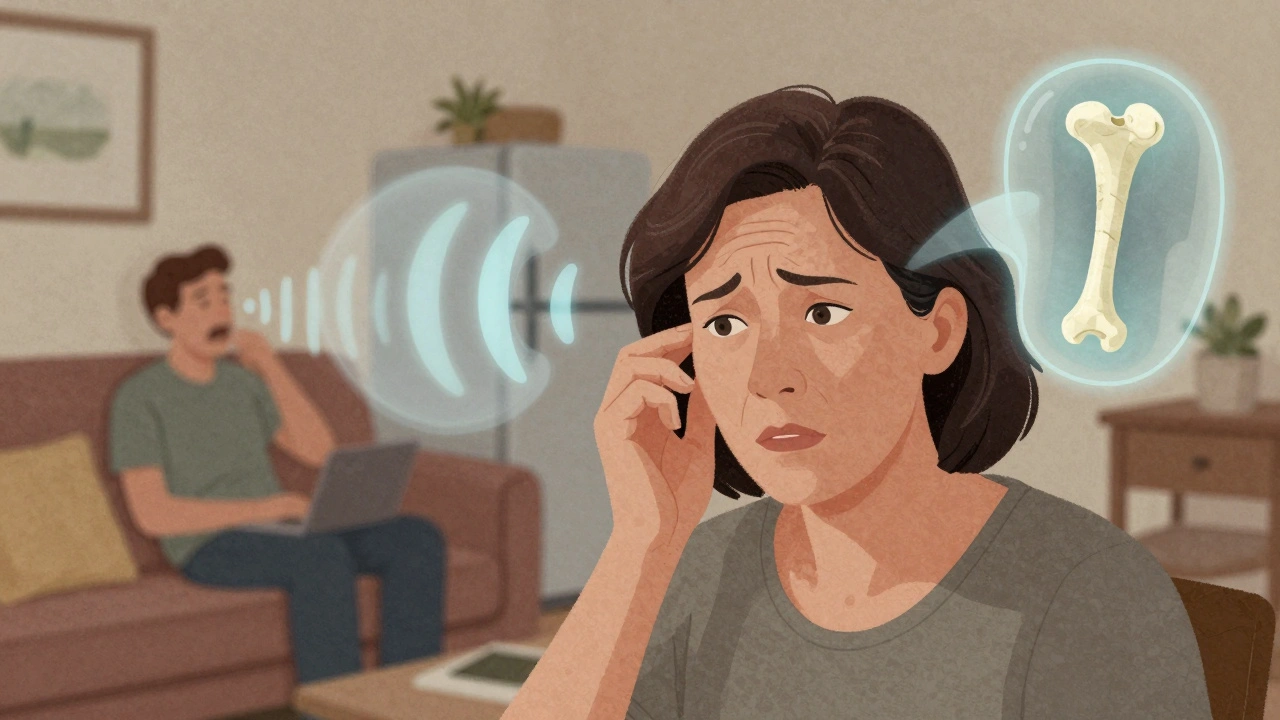 Woman struggling to hear low voices as abnormal bone growth appears beside her head.