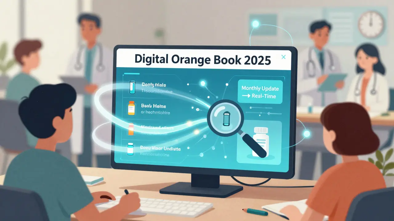 A futuristic Digital Orange Book interface with real-time drug data streams and medical product icons.