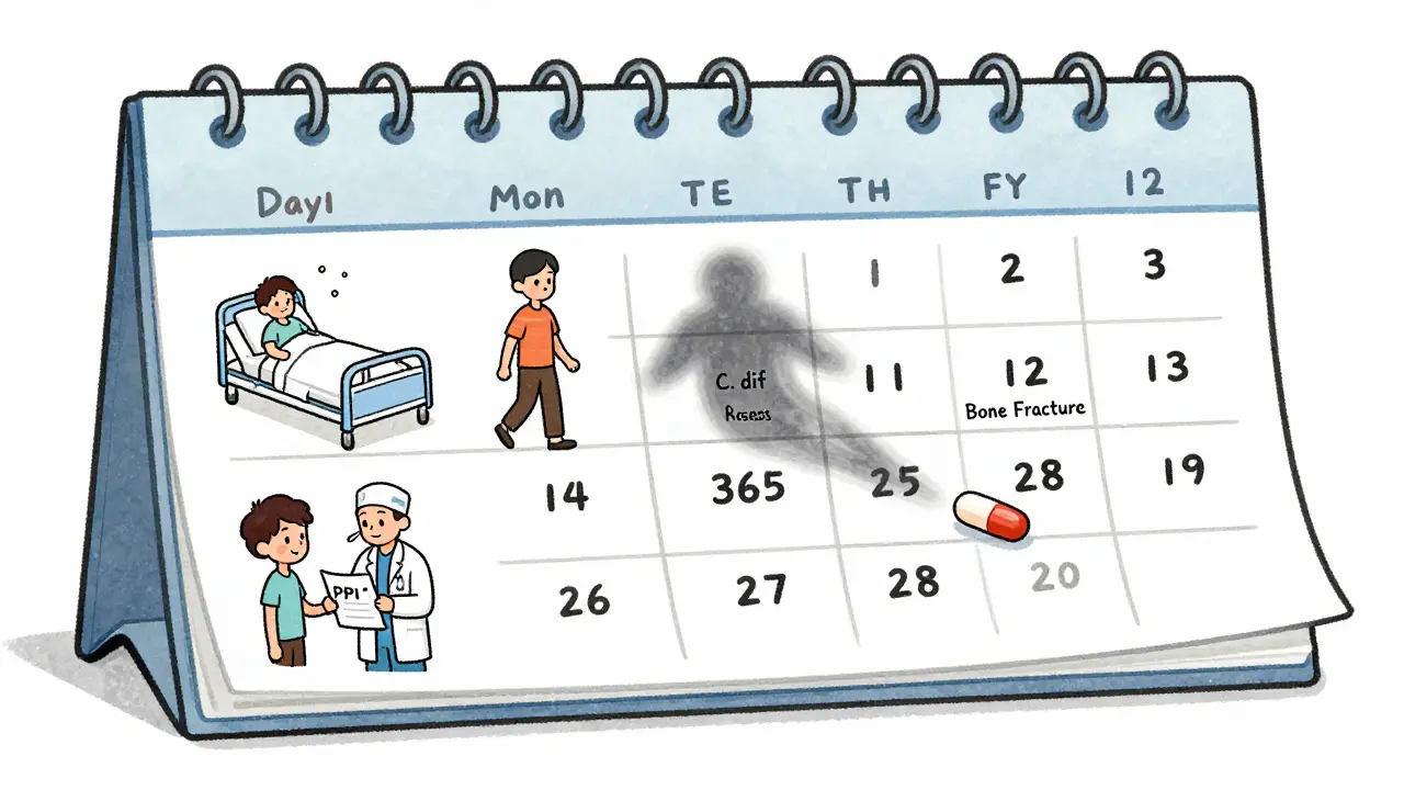 A patient's 12-month journey with PPI use, from hospital start to reassessment, with fading risks over time.