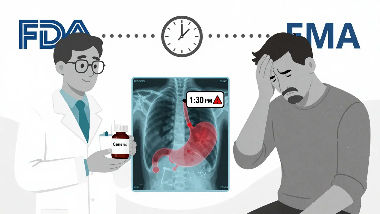 A patient in pain beside a generic pill bottle, with an X-ray showing slow drug release in the first two hours.