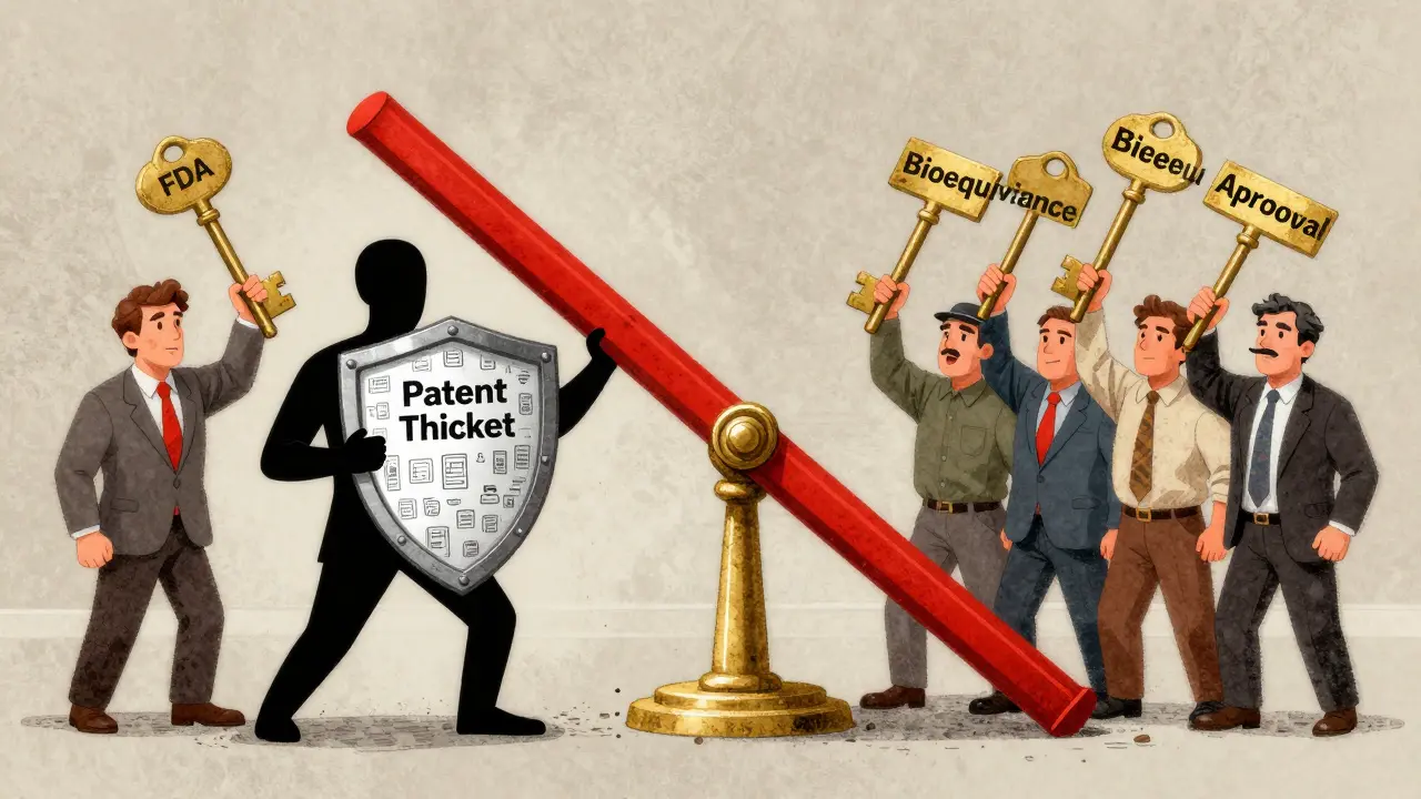 A pharma executive hides behind a wall of patents while generic drug makers break through with FDA keys and bioequivalence.