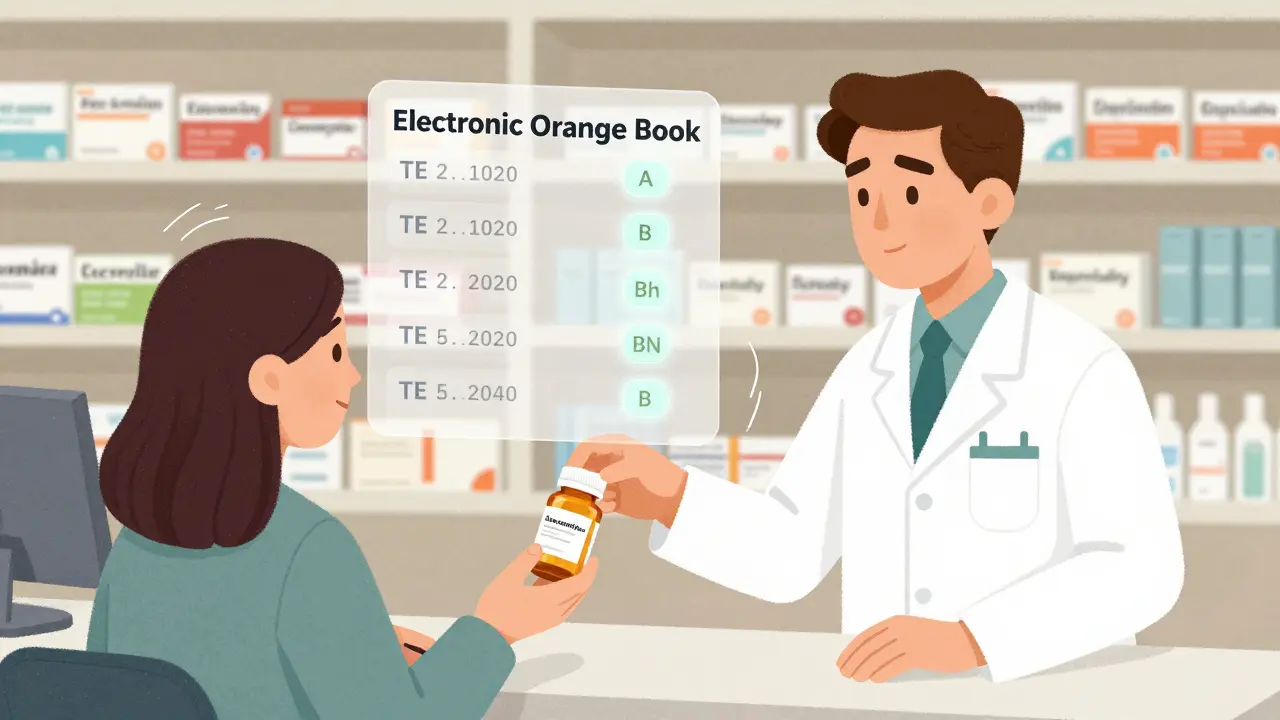 A pharmacist giving a generic medication to a patient with the Orange Book interface visible behind them.