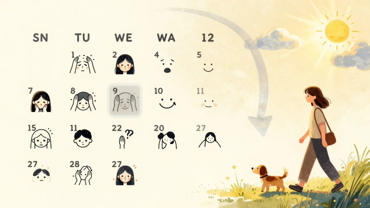 Calendar showing emotional journey from side effects to recovery over 12 weeks, ending with outdoor peace and sunlight.