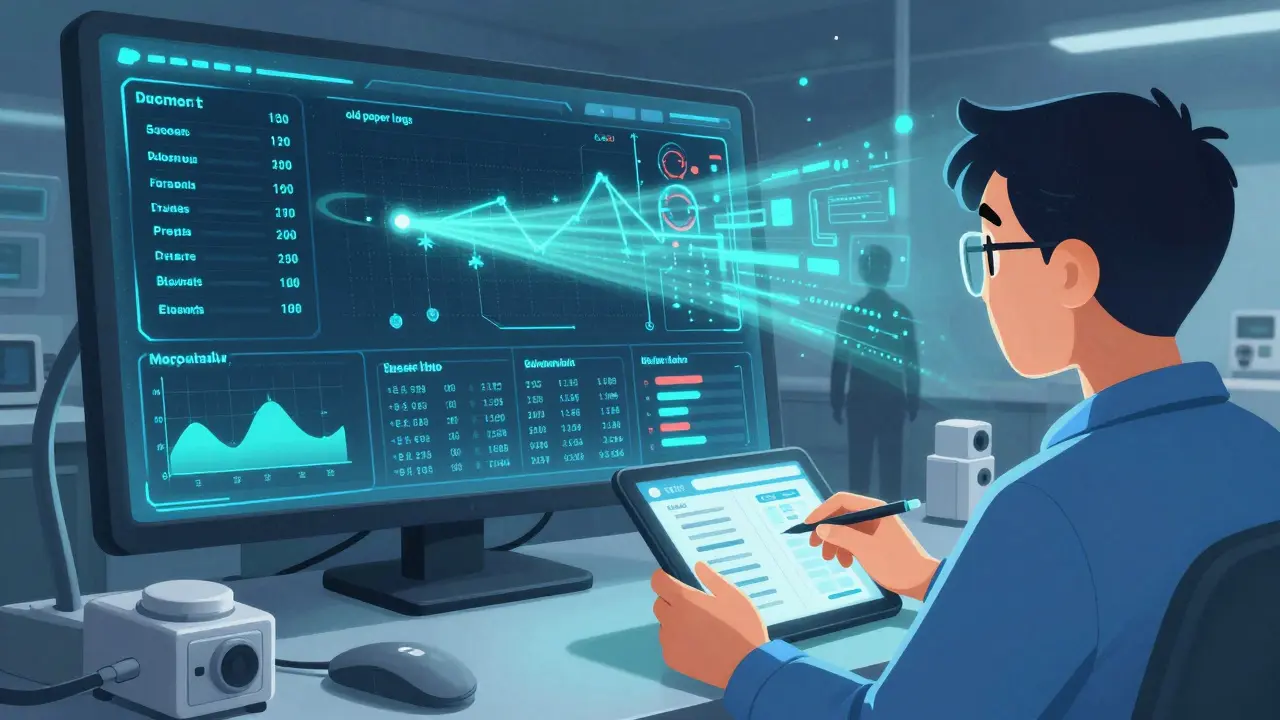 Digital dashboard tracks sensor trends with AI and blockchain audit trails in a modern facility.