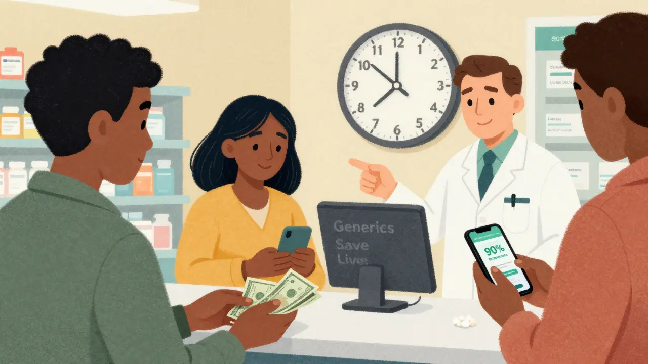 Diverse patients at a pharmacy receive affordable generics, with a clock ticking toward 2026 and a pharmacist guiding them.