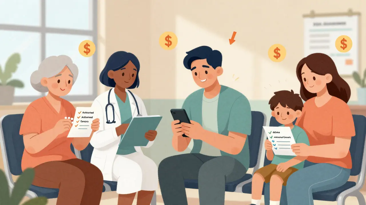 Diverse patients in a clinic receiving authorized generics, smiling as pharmacists confirm coverage and safety.