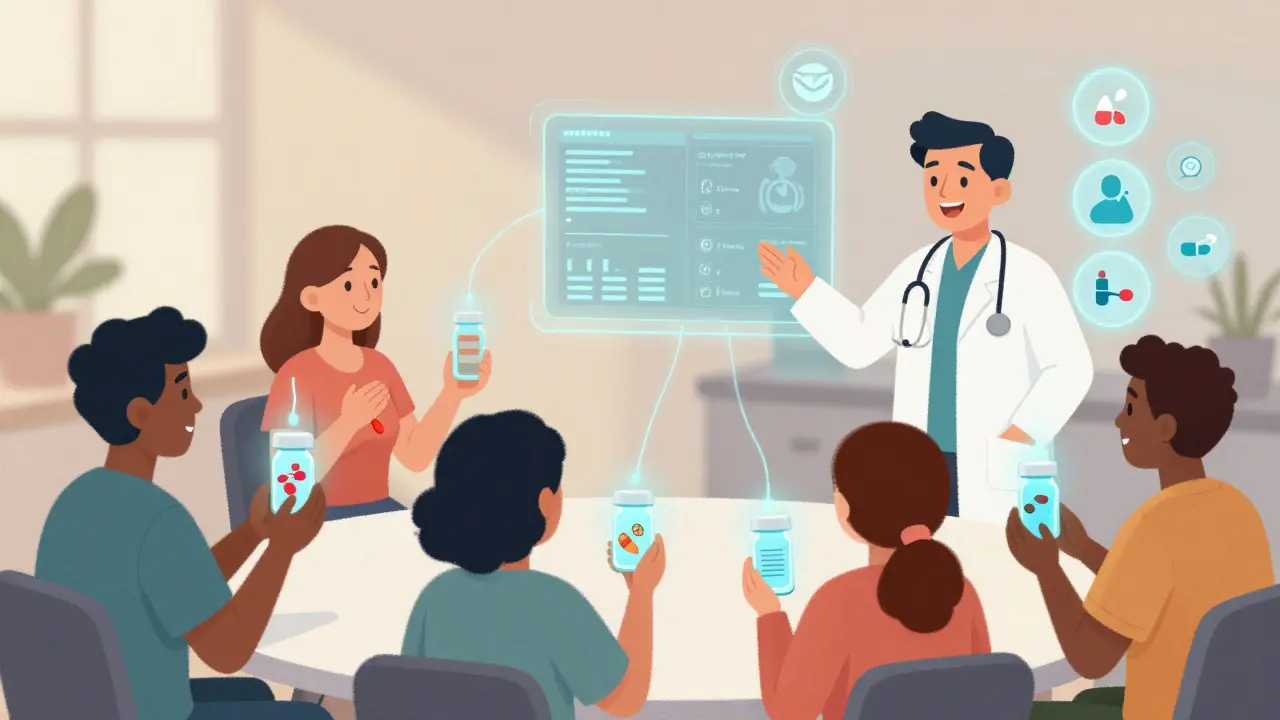 Diverse patients using smart pill bottles connected to health data dashboards, communicating with their care team.