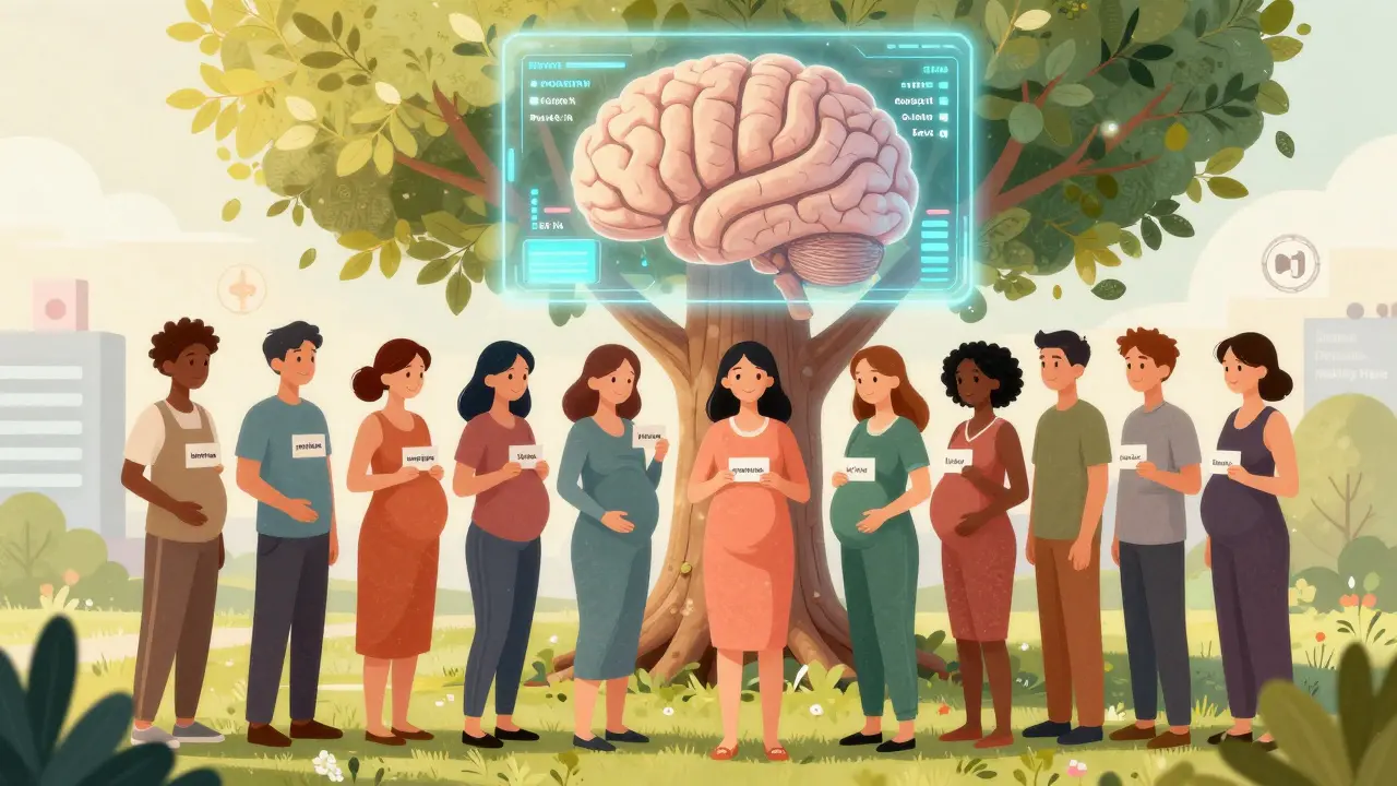 Diverse pregnant individuals under a brain-shaped tree, holding medication cards as a personalized risk interface glows above them.