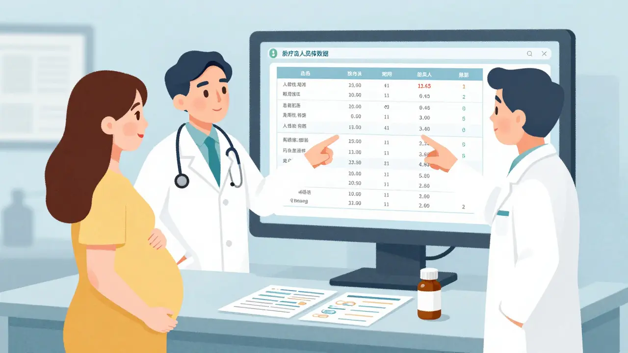 Doctor and pharmacist explaining pregnancy medication data on a screen to a pregnant patient in clinic.
