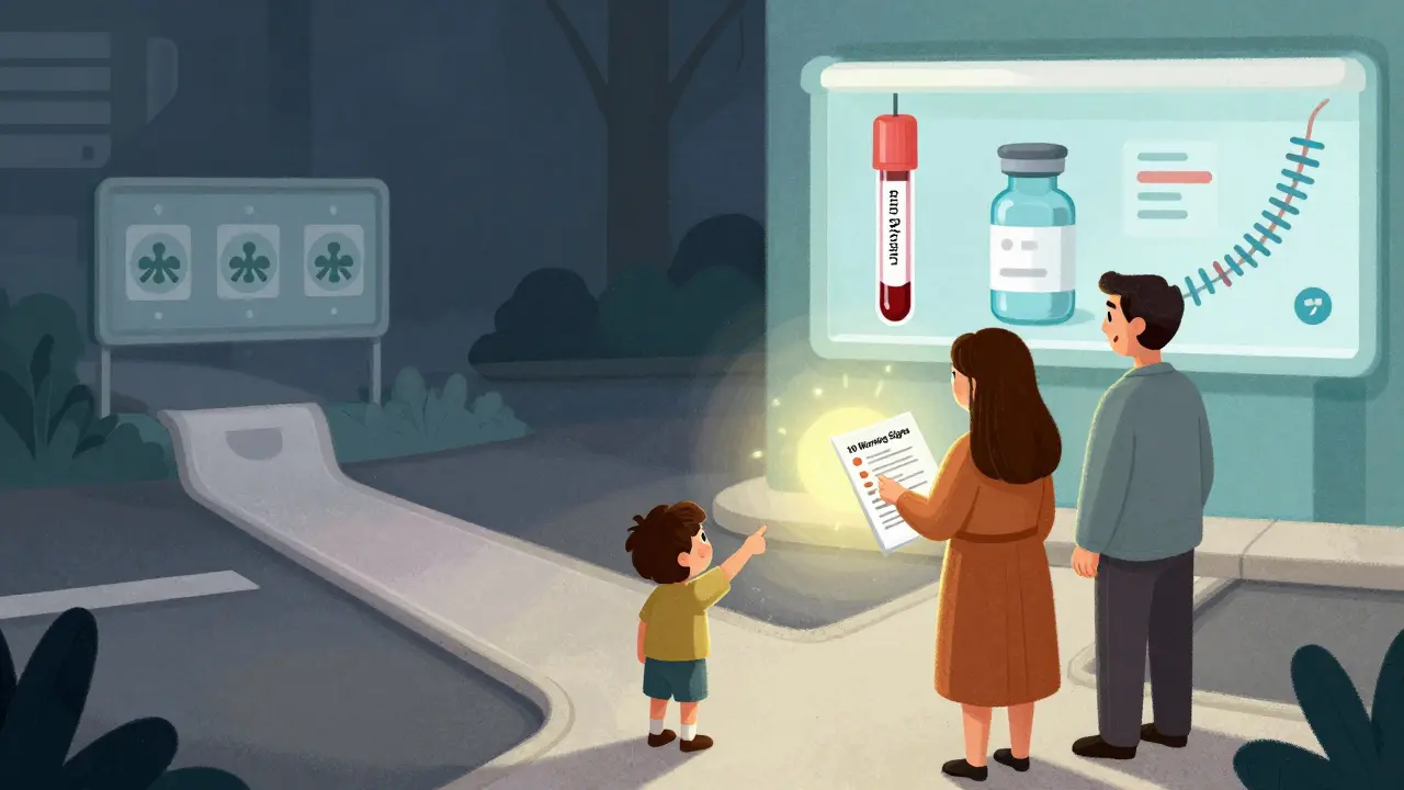 Family at crossroads: one path dark with infections, the other bright with medical diagnostics.